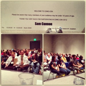 Presenter's name card and photos of the audience at the Comics Arts Conference