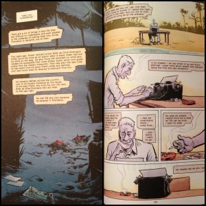 On the left an image showing one of Brás' deaths and on the right the final death at the end of the book. The text balloons here work as a form of General Arthrology that connect events that are a great distance from each other in the body of the graphic novel.