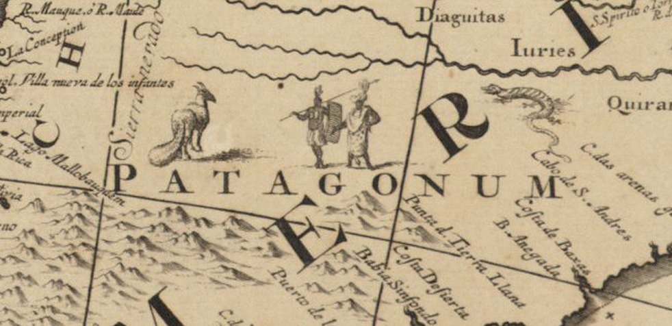 This image of Patagonia from c.1759 depicts two people and what seems to be a horse with an armadillo tail.