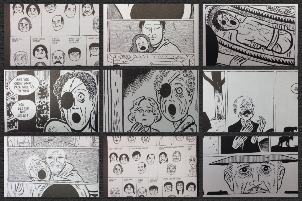 Images from Hernández's graphic novel. Showing the repetition of the open circular mouth and Julio's visual family tree.