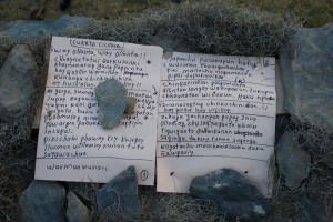 The Quechua script for one of the actors in the play, placed on the terrace ground.
