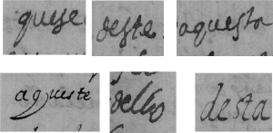 Image shows a collage of historical compound words: quese, deste, aquesta, aqueste, dello, and desta.